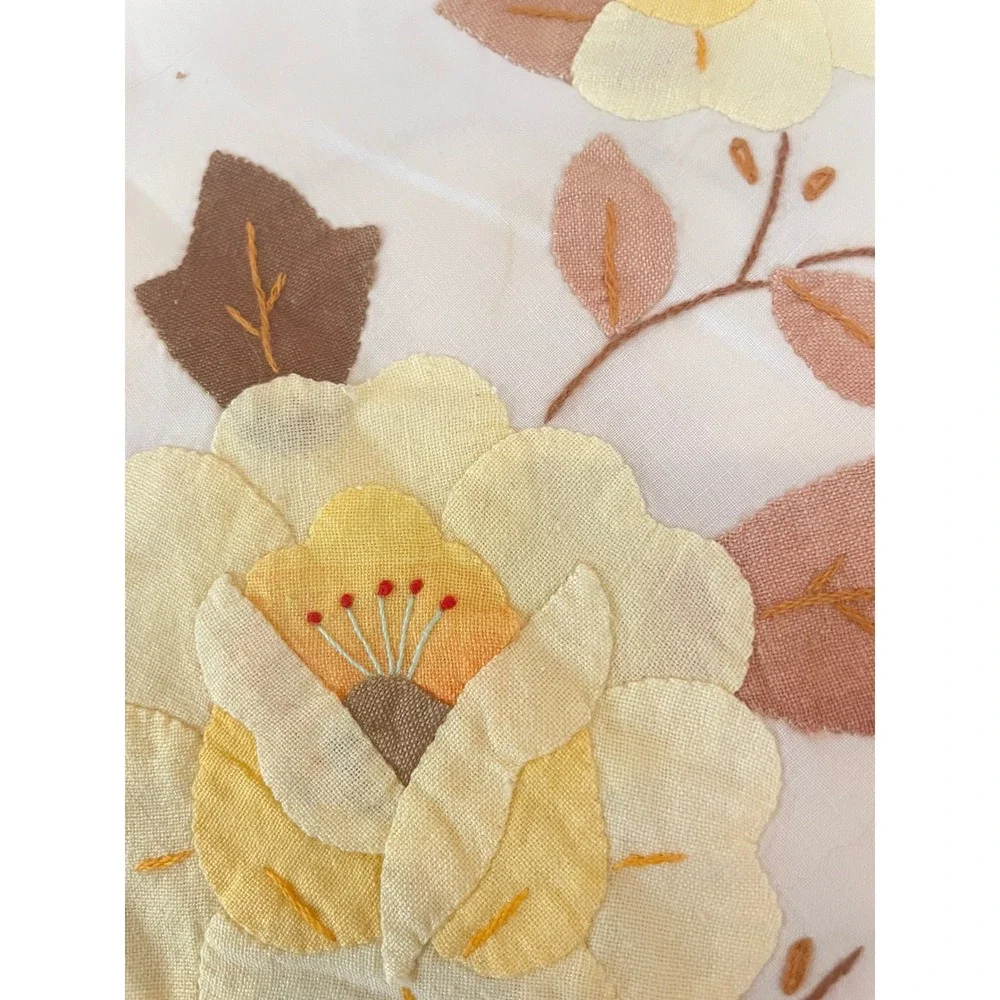 Vintage Hand Embroidered Floral Applique Tablecloth White Yellow Orange 99x65